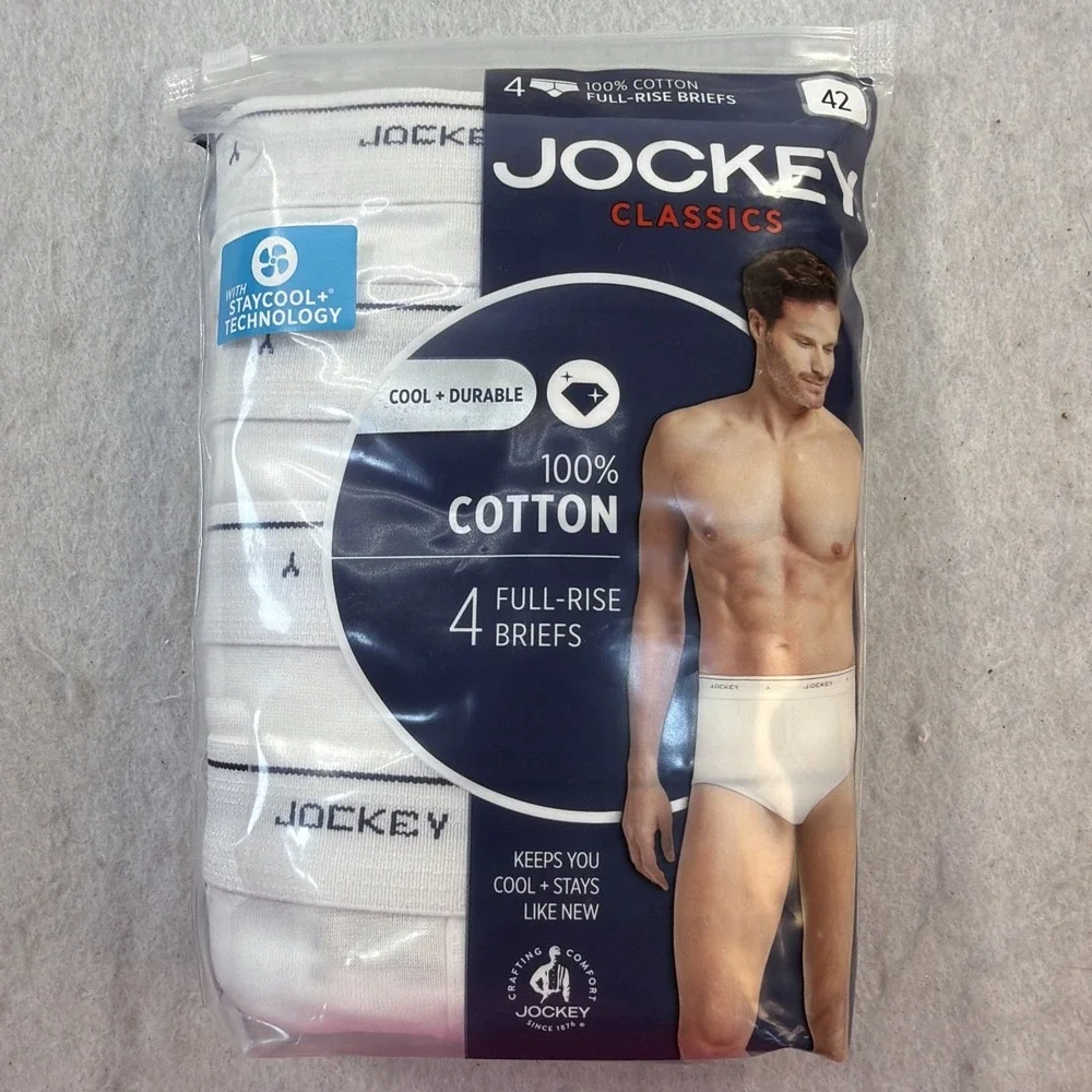 JOCKEY Classics 4-Pack Men's Full-Rise Briefs White Cotton Size 42 New In Packag